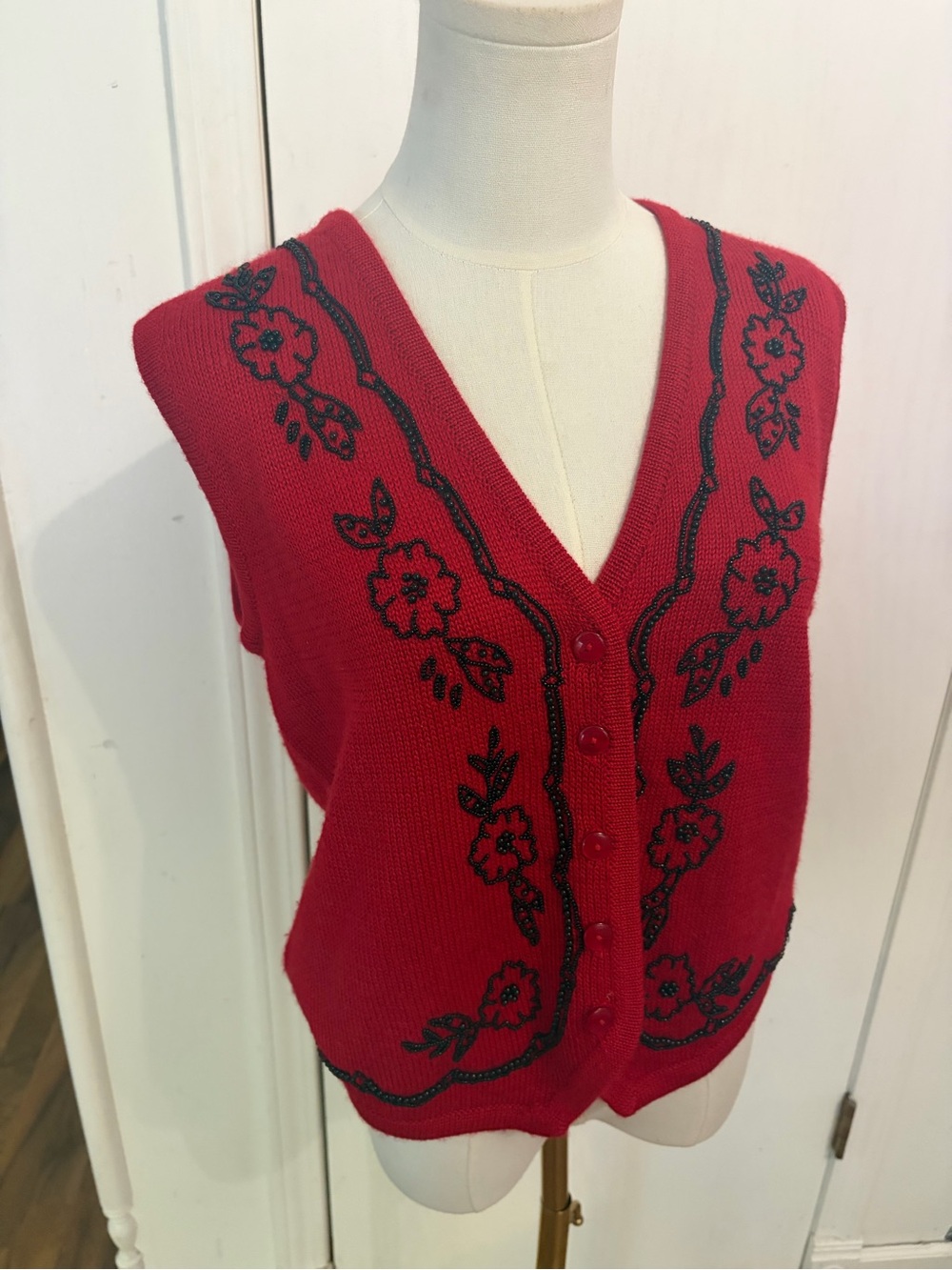 Vintage Cottagecore Red Floral Beaded Embroidered Button Sweater Vest, Medium